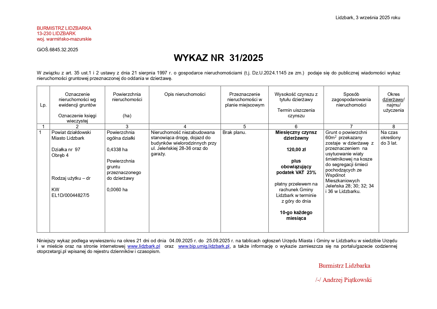 Wykaz Nr 31/2025 - Nieruchomość gruntowa do dzierżawy - obr. 4 m. Lidzbark dz. nr 97